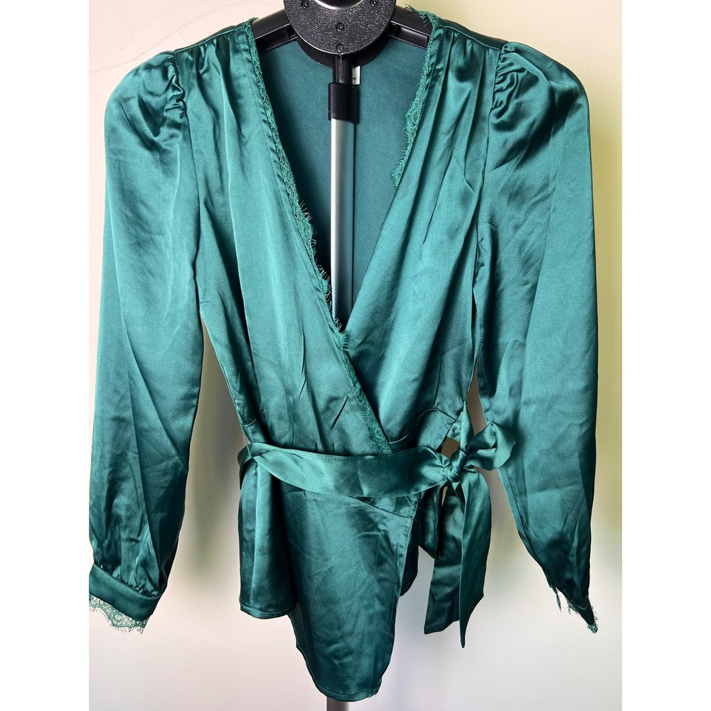 Rachel Zoe Wrap Blouse Women XS Green Satin Lace Trim Long Sleeve LNWOT Cocktail